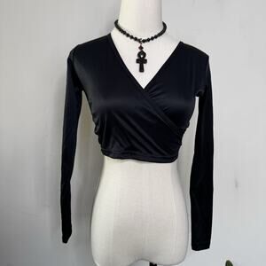Vintage 90s Black Faux Wrap Ballet Crop Top Whimsigoth Indie Witch Girlcore XS